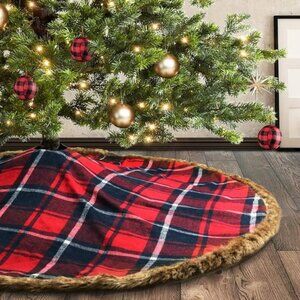 Meriwoods Plaid Christmas Tree Skirt 48 Inch, Large Blk & Red Plaid Tree Collar